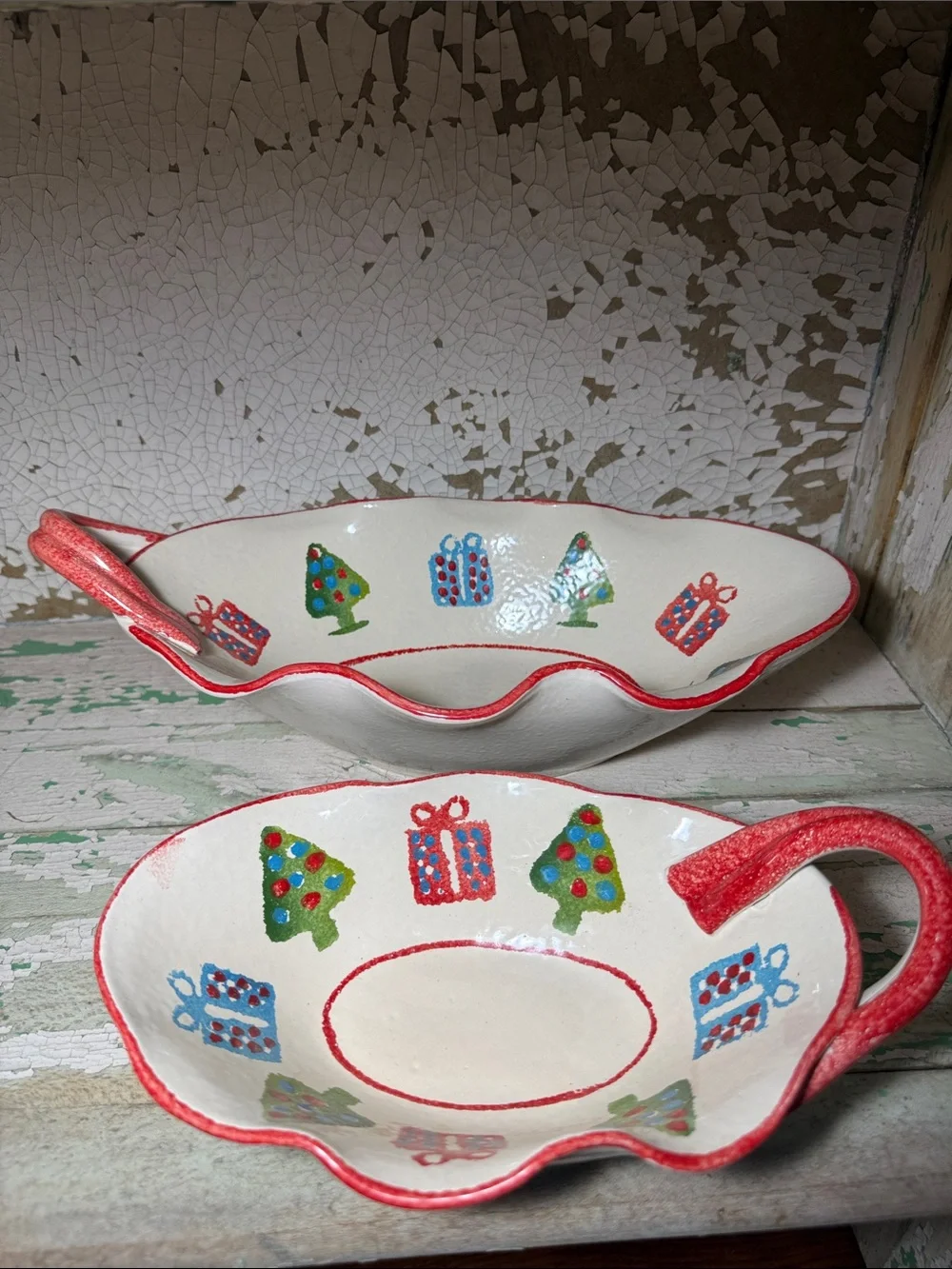 🎄 2 Holiday Tree & Gift Ceramic Serving Bowls with Handles Red Trim